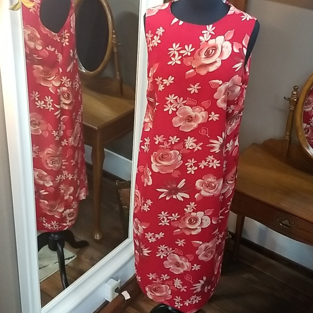 R & K red maxi dress rose print size large